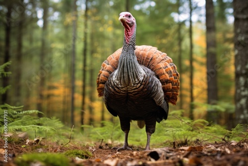 A turkey standing in the middle of a forest