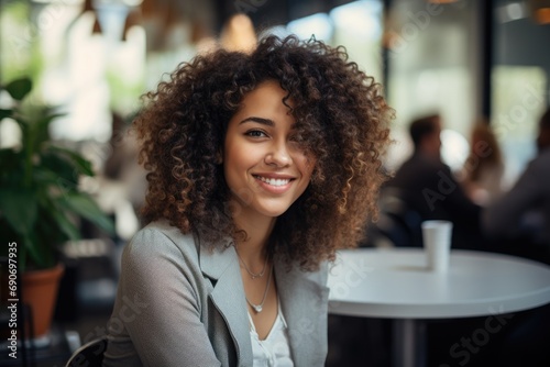 A woman sitting at a table with a cup of coffee