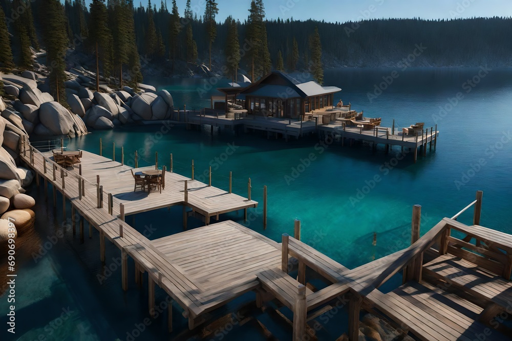 A 3D rendering of the Jetty of Vikingholme in Emerald Bay, meticulously crafted for realism, with dynamic lighting to showcase the details of the surroundings and create a sense of depth and immersion