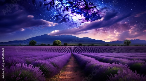 A lavender field under the starry sky, with mountains in view