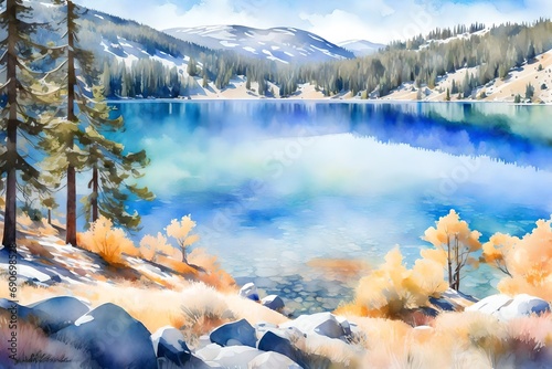 The Donner Lake picnic spot reimagined as a serene watercolor painting, highlighting the natural beauty and tranquility with soft strokes, gentle hues