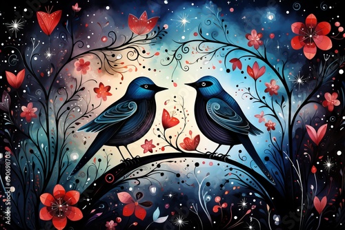 Whimsical Love Birds. Romantic illustration of adoring birds amidst hearts and blossoms