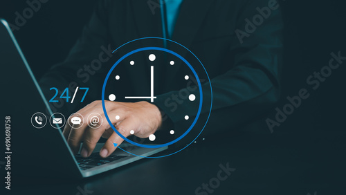 work 24hour and 7 day icon virtual screen hologram, 24hour open, 24 hour payment online banking, shopping, transection online service server cloud running. photo