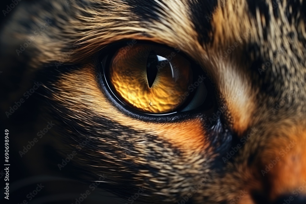 A close up of a cat's face with yellow eyes