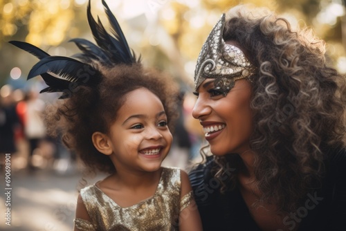 Latina mother and daughter having fun in a carnival mask