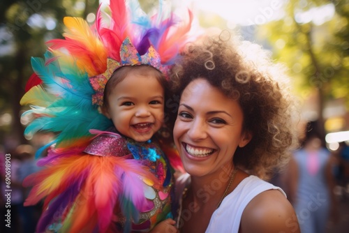 A woman with a baby in her arms disguised as rainbow feathers