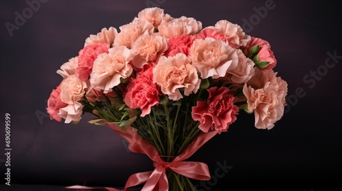 A vase filled with a bouquet of pink and peach-colored carnations  tied with a bow.