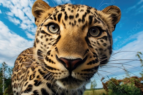 A close up of a leopard's face with trees in the background © pham