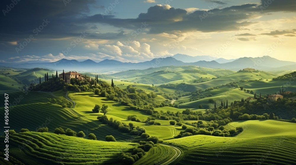 A breathtaking landscape of rolling hills and green pastures, with the sun casting long shadows over distant mountains