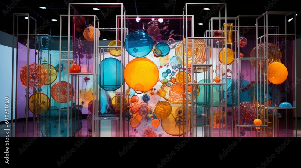 Abstract glass art installation with layers of colors and patterns.