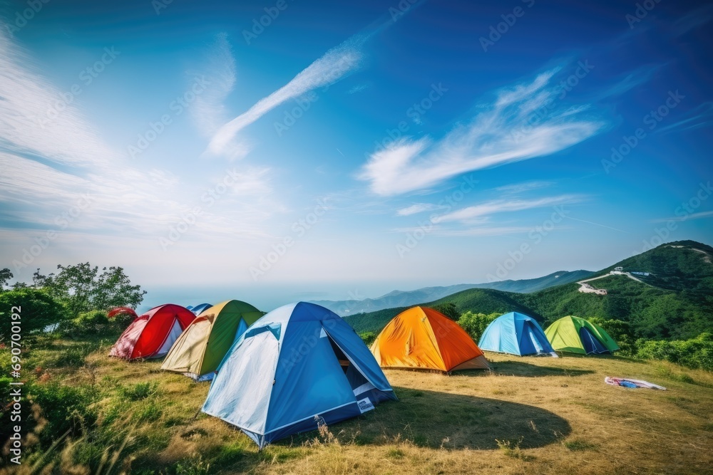 A group of tents sitting on top of a lush green hillside