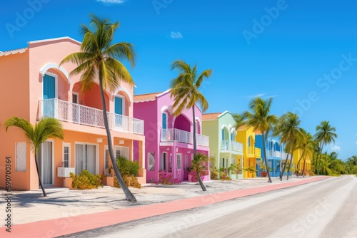 A row of colorful houses on a beach with palm trees © pham