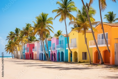 A row of colorful houses on a beach with palm trees