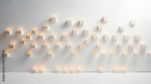 An arrangement of floating candles in a geometric pattern against a pure white wall background.