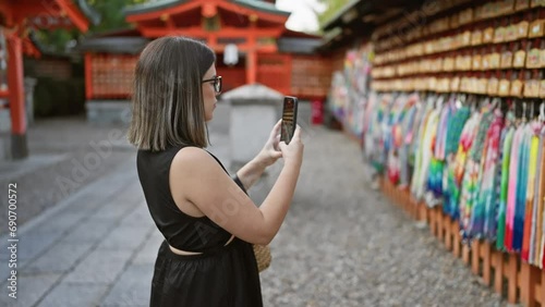 Beautiful young hispanic woman wearing glasses taking pictures to japanese ema wooden boards at fushimi inari-taisha photo