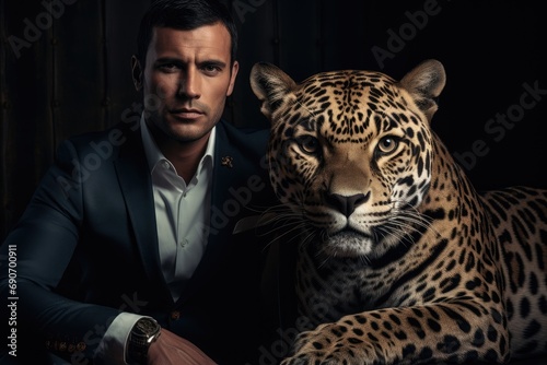 A man sitting next to a large leopard photo