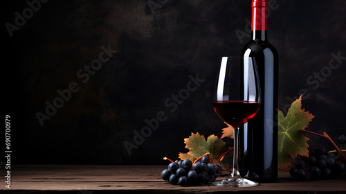 A bottle of wine on a wooden table next to a bunch of grapes