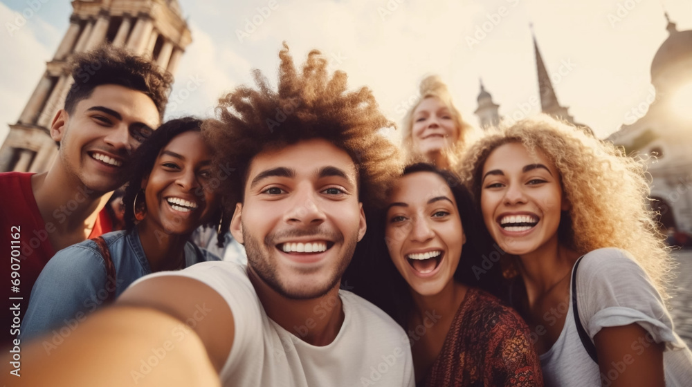 Selfie of a multiracial group of cheerful young friends have fun travel together. Visit Europe, tourism, hostel and cheap flights concept. Happy people. Students travelling to europe. Visiting famous  - obrazy, fototapety, plakaty 