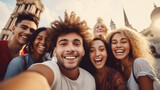 Selfie of a multiracial group of cheerful young friends have fun travel together. Visit Europe, tourism, hostel and cheap flights concept. Happy people. Students travelling to europe. Visiting famous 