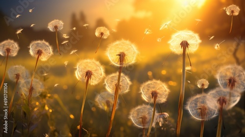  A field of dandelions during sunset. The sky is a mix of yellow and orange  and the sun is on the right side of the image. There are 14 dandelions in total  some of them are fully bloomed .