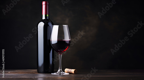 A bottle of wine on a wooden table. Red wine