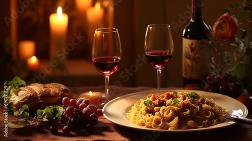 A romantic dinner setting with red wine, a pasta dish and candlelight in the background. The focus is on two glasses of red wine placed next to each other on an elegant table