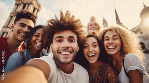 Selfie of a multiracial group of cheerful young friends have fun travel together. Visit Europe, tourism, hostel and cheap flights concept. Happy people. Students travelling to europe. Visiting famous 