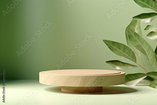 3D wooden podium display with leaf shadow. Copy space green background. Cosmetics or beauty product promotion mockup. Natural stone step pedestal