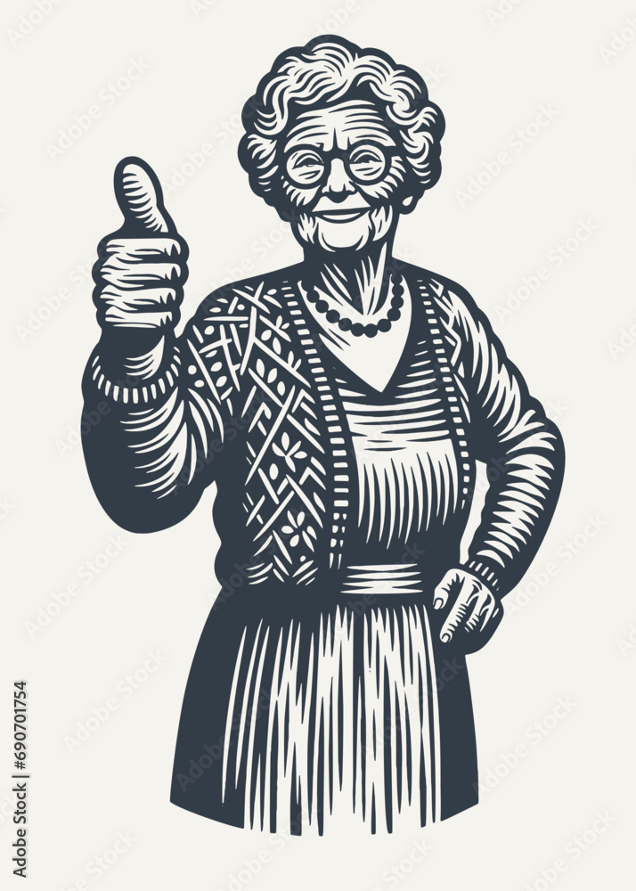 Obraz premium Grandma approves showing thumb up. Vintage woodcut engraving style vector illustration. 