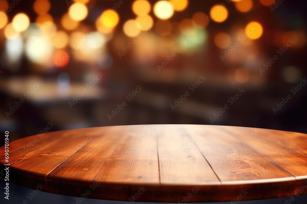 A wooden table with blurry lights in the background