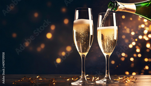 Champagne pouring into glasses against glowing dark background