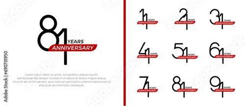 set of anniversary logo black color and red ribbon on white background for celebration moment