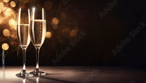 Champagne glasses against glowing dark background