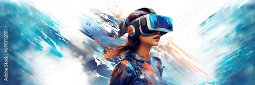 Illustration Virtual Reality, Frau erlebt virtuelle Welten durch eine VR-Brille