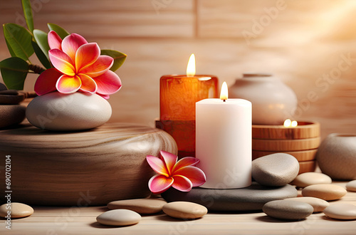 Spa treatment aromatherapy with candles  Stones and flowers for relax wellness.
