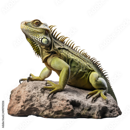 Iguana lizard sitting on a stone isolated on white or transparent background © Nazmus