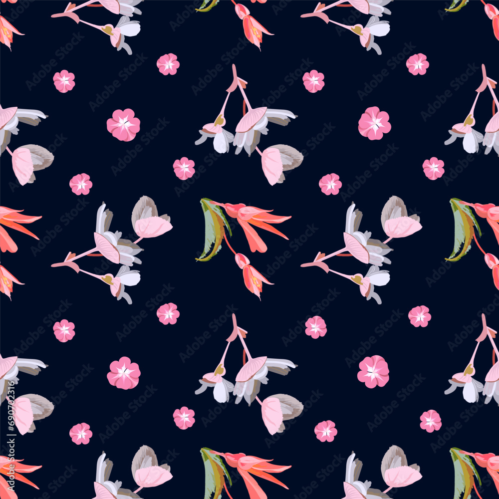 Vector seamless floral pattern on a dark background with small pink flowers Vector seamless floral pattern on a dark background with small pink flowers