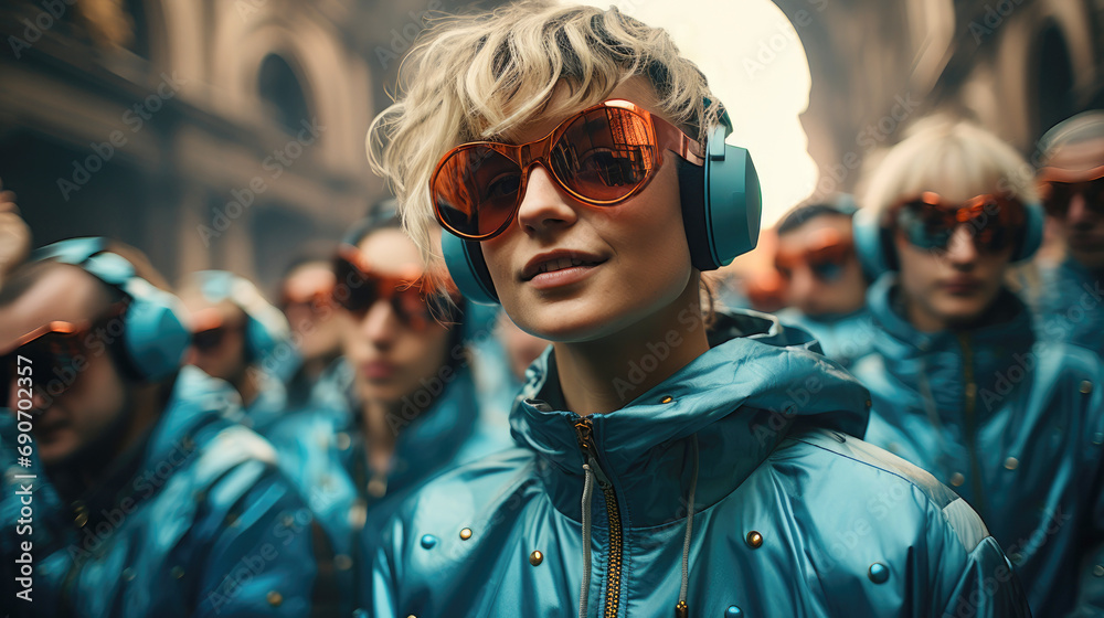 Close-up of young modern blonde with glasses followed by a crowd all wearing headphones and futuristic clothes through the city streets. Concept of futuristic reality and virtual world. Ai generated