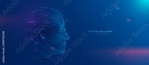 Humanoid head with neon neural network. Artificial intelligence technology. Vector illustration