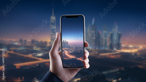 A hand holding mobile phone, we see the screen, riyadh city in the background, night light, hyper realistic