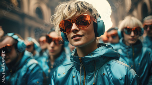 Close-up of young modern blonde with glasses followed by a crowd all wearing headphones and futuristic clothes through the city streets. Concept of futuristic reality and virtual world. Ai generated