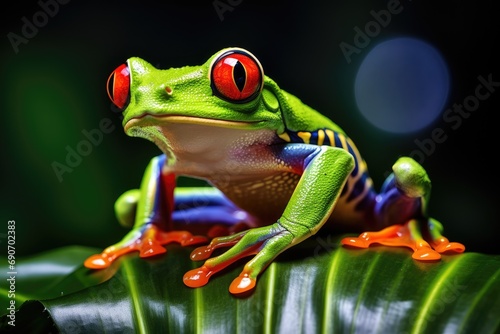 A red eyed frog sitting on top of a green leaf