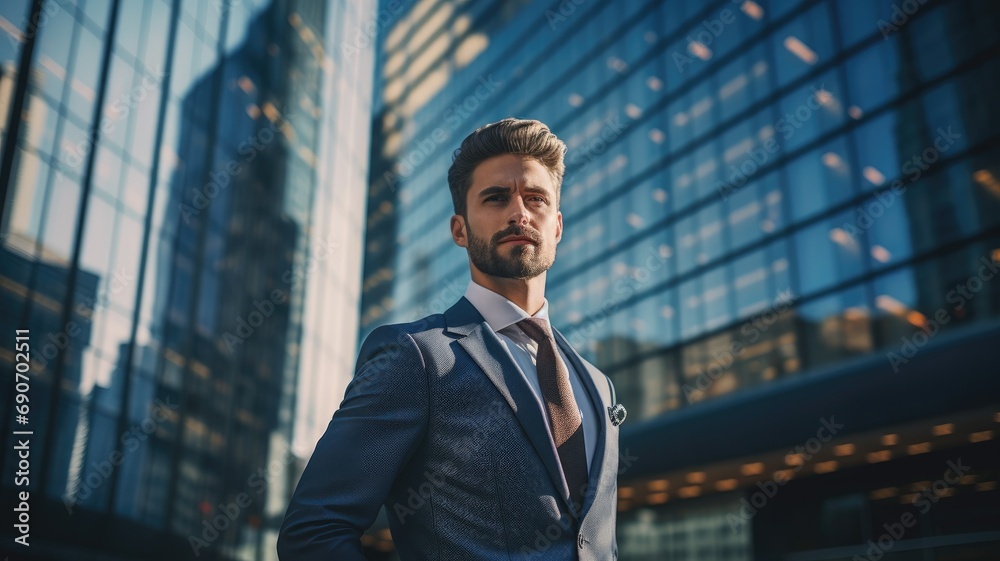 Fototapeta premium A man in a suit standing in front of a building