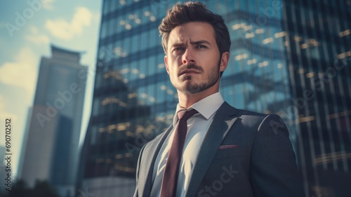 A man in a suit and tie standing in front of a tall building