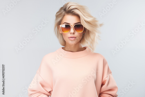 Fashionable confident blonde woman wearing trendy peach fuzz sweatshirt and sunglasses