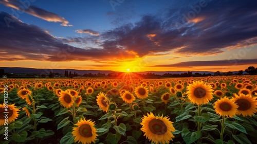 A beautiful sunset over sunflower fields, with the warm hues of orange and yellow lighting up the sky above a field full of vibrant golden flowers