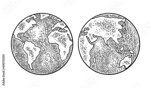 Earth planet globe. Vector black vintage engraving illustration photo