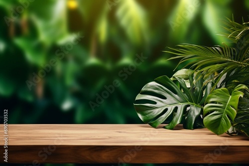 Wooden table in front of tropical green Monstera leaves floral background. for product display and presentation.