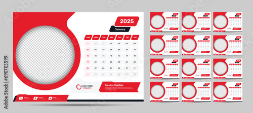 12 pages office desk calendar template for 2025 with circular image placeholder