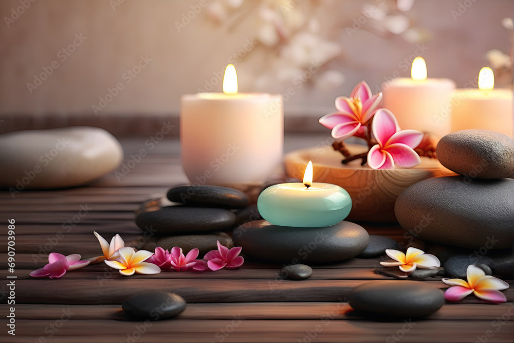 Spa treatment aromatherapy with candles, Stones and flowers for relax wellness.